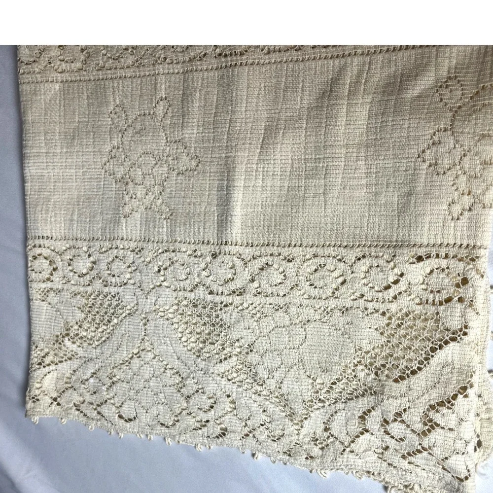 Vintage Hand-Crocheted Filet Cotton Table Runner Embossed Floral Lace